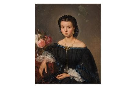 让·波尼（意大利人，1829-1912）  一位女士的半身坐像，身着黑色蕾丝连衣裙，佩戴金饰，左下角