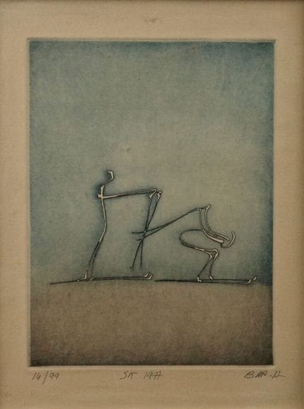 阿兰·巴尔（Alain BAR，生于1947年）。《两名滑雪者》
石版画，经艺术家亲笔签名，编号14