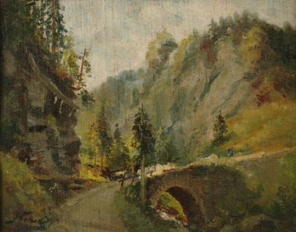 Joseph HUVEY (1844-1919). Paysage au pont
Huile su