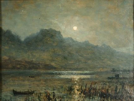 Ecole du XXème siècle. Clair de lune sur lac 
Huil