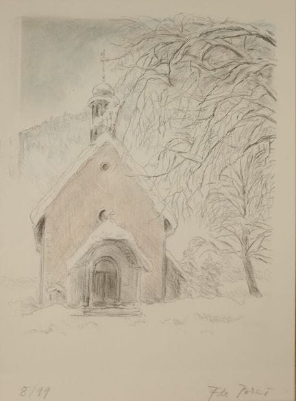 弗朗索瓦·德·波雷（1933年出生）。《积雪小教堂风景》
炭笔与彩色铅笔绘于纸上，右下角签名并标注日