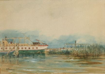 欧内斯特·菲利亚尔（1868-1933）。湖上的驳船
纸本水彩画，左下角有签名。
画面尺寸：26 x