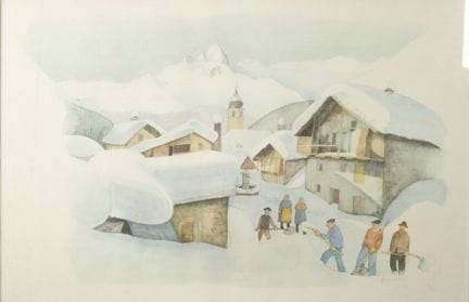 盖伊·阿梅耶（1932-2007）。雪中的邦纳瓦尔
彩色复制品，画板上签名
实际尺寸：39 x 59