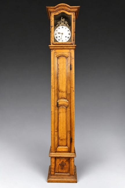 Horloge de parquet en noyer mouluré, cadran émaill