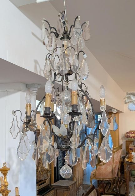 Lampadario a "gabbia" in bronzo o ottone dorato, c