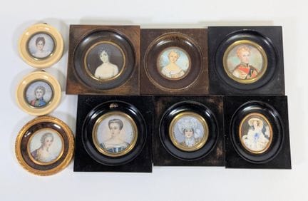 Lot de (x9) miniatures à la gouache sur plaque d'o
