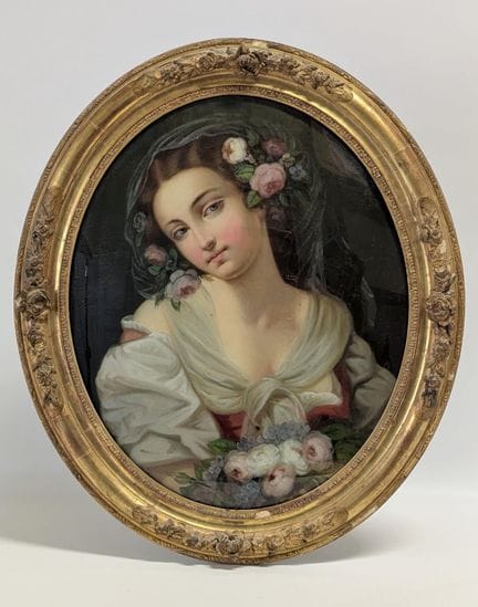 Fixé sous verre ovale figurant un portrait de jeun