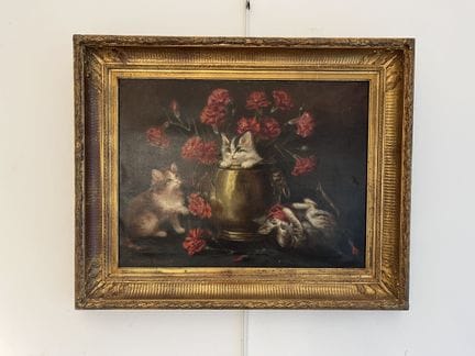 玛格丽特·多布里茨（1886-？）
康乃馨花束中的幼猫
布面油画
左下角有签名
46 x 61 厘米