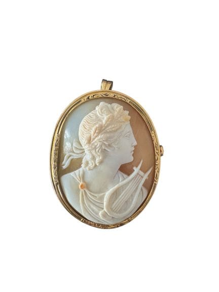 750° yellow gold cameo pendant in the shape of a s