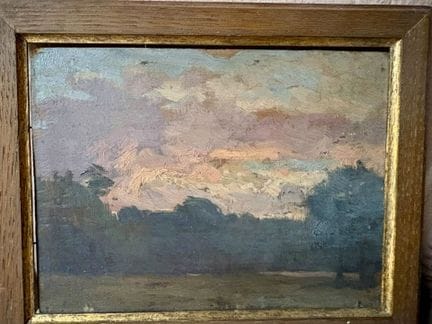 1900年左右的法国画派
日落
油画（画于硬纸板上）
13.5 x 18 厘米
（有污渍、颜料脱落）