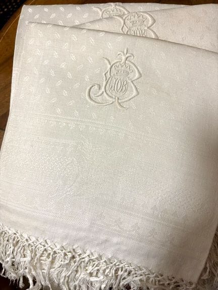 10 serviettes en lin damassé frangé et brodé du bl