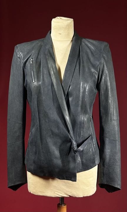 HELMUT LANG 
Blue leather jacket with a shawl coll