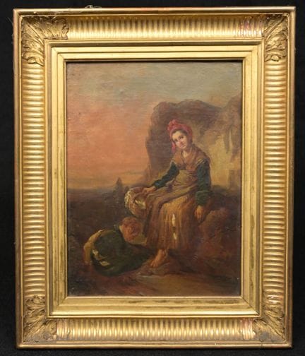 19世纪画派。
戴红帽的年轻牧羊女。
油画布面油画，粘贴于硬纸板上。
32.3 × 34.3 厘米。