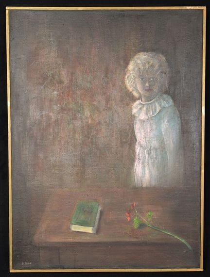 曼努埃尔·利萨诺（20世纪）。
手持书本与玫瑰的少女。
布面油画，左下角签名，背面有副署并标注日期1