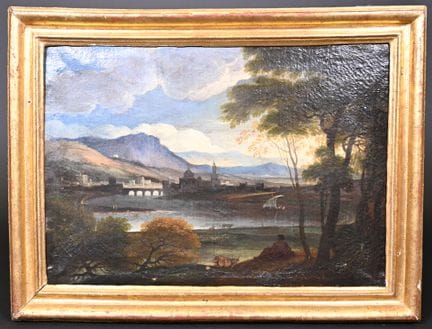 加斯帕德-杜盖特的追随者，约 1680 年（？）
古风桥景。
布面油画（变形、翘曲、凹痕）。
37 