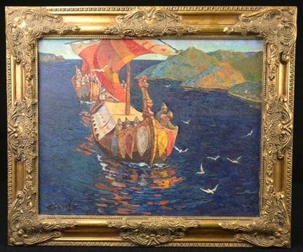 尤里·潘钦（20世纪）。
《伏尔加河》。
布面油画，左下角签名，标有标题，注明1997年，背面有副署