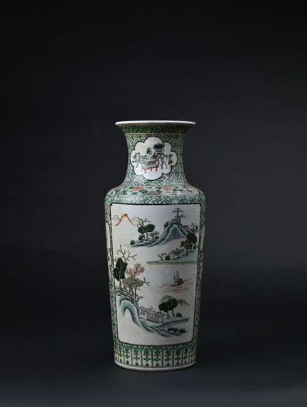 Porcelain tapered vase with green family enameled 
