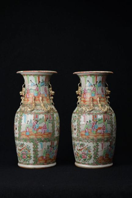 Pair of porcelain vases enameled in polychrome wit