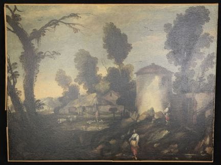 18世纪佛兰德画派。
描绘农民的生动风景画。
布面油画（重新裱布）。
73 x 96 厘米。
