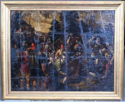 17 世纪弗拉芒画派？
背负十字架的基督
帆布油画，镶嵌在画板上。
经过多次修复和修饰。
64 x 