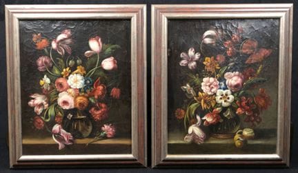 19世纪佛兰德画派（？）。
花瓶中的花束。
两幅布面油画（其中一幅有剥落）。
61 x 50 厘米。