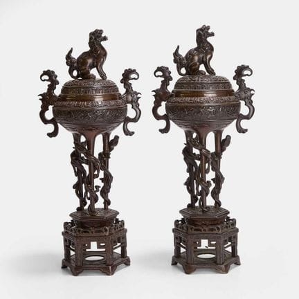 A pair of Japanese bronze koro, early 20th century