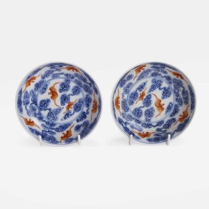 A pair of Chinese iron-red and underglaze-blue sau