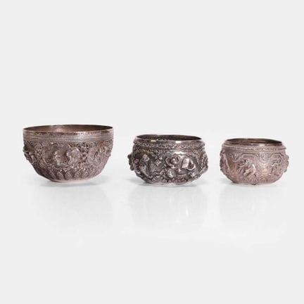 Three Burmese (Myanmar) silver bowls, late 19th/ea