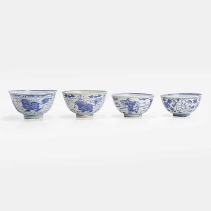 A collection of four Chinese blue and white bowls,