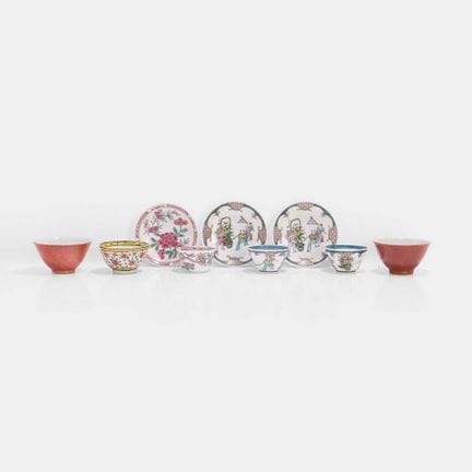 A collection of Chinese porcelain teacups and sauc