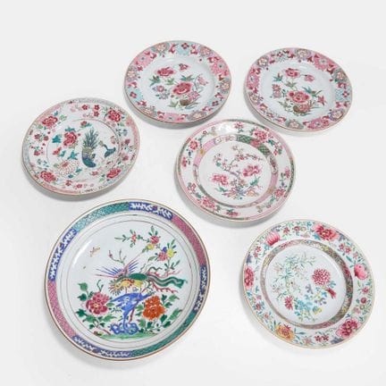 Six Chinese famille rose plates, 19th century, the