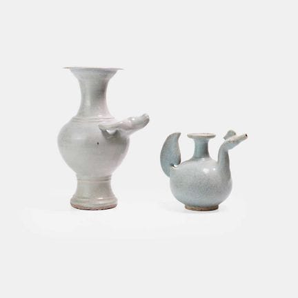Two celadon kendi, possibly Thailand, the spouts i