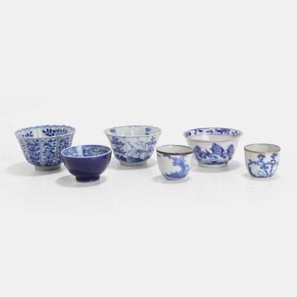 A collection of six blue and white cups, Qing dyna