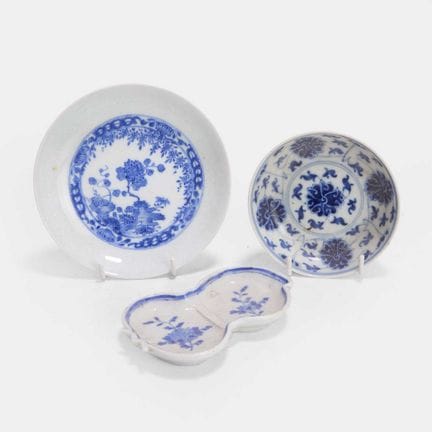 Three Chinese blue and white saucers, late Qing dy
