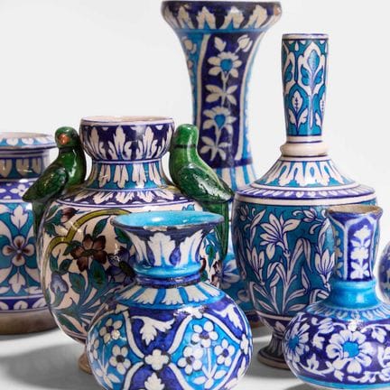 A collection of seven Multan cobalt-blue and turqu