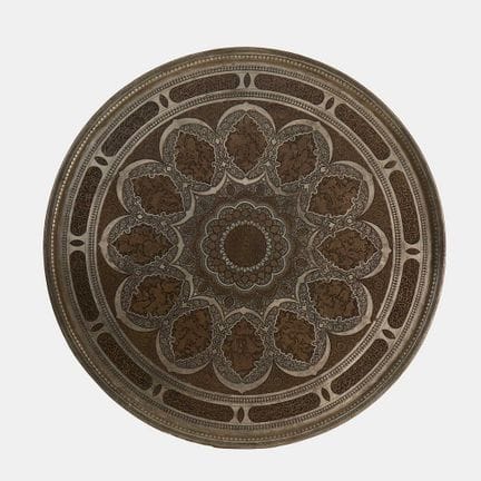 A Persian brass and steel inlaid circular tray, 20