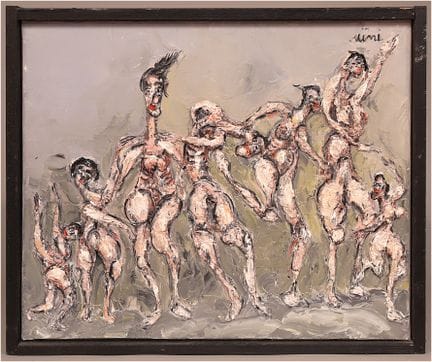 菲利普·阿伊尼。
《舞蹈》。布面综合材料，38 x 46。右上角有签名。黑色画框。