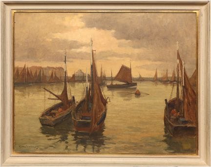 卡雷尔·范·勒贝格。
港口风景。1938年。布面油画，80 x 100。左下角有签名和日期。木框。