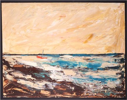 莫里斯·波蒂耶。
《红色帆船》。1973年。油画，画于厚纸上，50 x 65.5。右下角签名并注明日