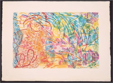 南希·格雷夫斯。
《成为微小的意识》。1991年。 原版彩色软胶版水彩蚀刻版画，饰以金箔与银箔，56