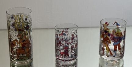THREE GLASSES with enameled decorations of a horse