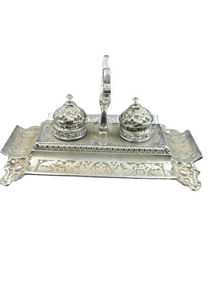 Metal inkwell with two compartments and stylized h