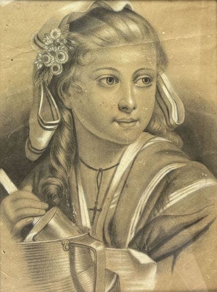 19世纪法国画派  
《送奶女工》  
纸本铅笔画，背面有签名  
有轻微瑕疵  
可见尺寸：40 