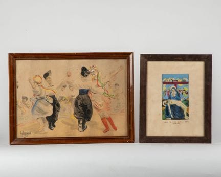 苏兹·杜兰，20世纪
两幅水彩画，题为《乌克兰舞》和《圣悼》，据路易·布雷亚作品改编
纸张有针孔
尺