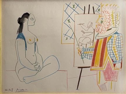 巴勃罗·毕加索（1881年 马拉加 — 1973年 穆让）（F）
画家与模特，彩色石版画，署名，标注