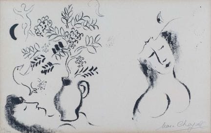 《恋人之花瓶》，纸本石版画，画幅尺寸 20 x 31 厘米，署名，标注创作于 1959 年，
编号 