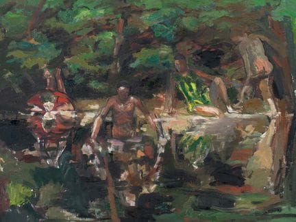 Bañistas en el río, óleo sobre lienzo, dimensiones
