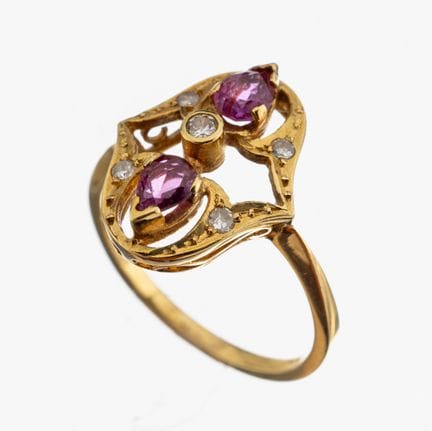18 kt gold ruby-diamond-ring , YG 750/000, ring he