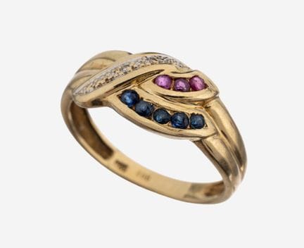 14 kt gold sapphire-ruby-diamond-ring , YG 585/000