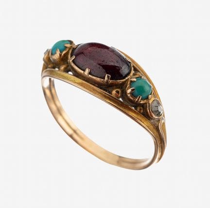 14 kt gold garnet-turquoise-diamond-ring, approx. 